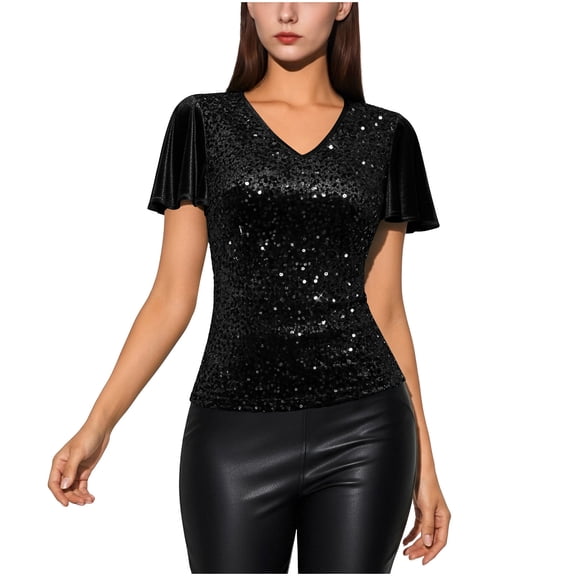 STETMN Sparkly Sequin Tops for Women Ruffle Short Sleeve Blouse V Neck Sexy Shirt Casual Party Club Glitter Night Out