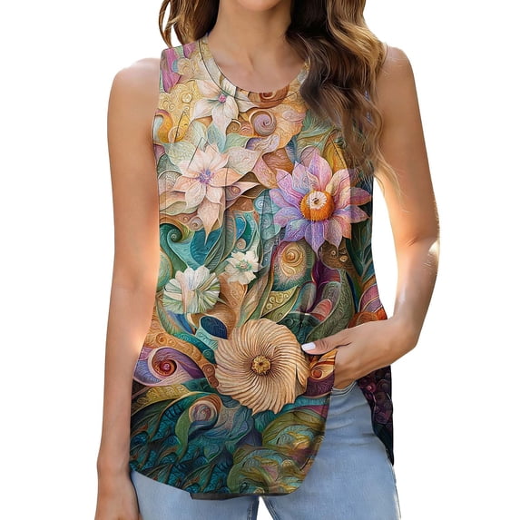 STETMN Summer Loose Tank Top for Women Beachwear Boho Print Ruched Tee Sleeveless Casual Tunic Tops