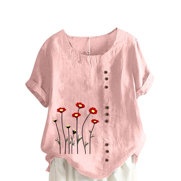 STETMN Summer Short Sleeve Top for Women Crewneck Button Trim Loose Tee Print Casual Summer T-shirt