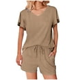 thumbnail image 1 of STETMN Summer Solid Outfit for Women Ruffle Short Sleeve Top with Drawstring Shorts Vacation Sets, 1 of 8