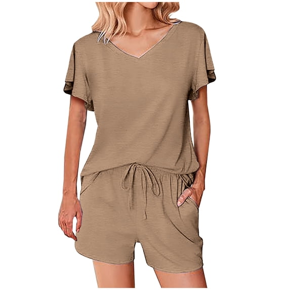 STETMN Summer Solid Outfit for Women Ruffle Short Sleeve Top with Drawstring Shorts Vacation Sets