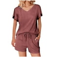 thumbnail image 1 of STETMN Summer Solid Outfit for Women Ruffle Short Sleeve Top with Drawstring Shorts Vacation Sets, 1 of 8