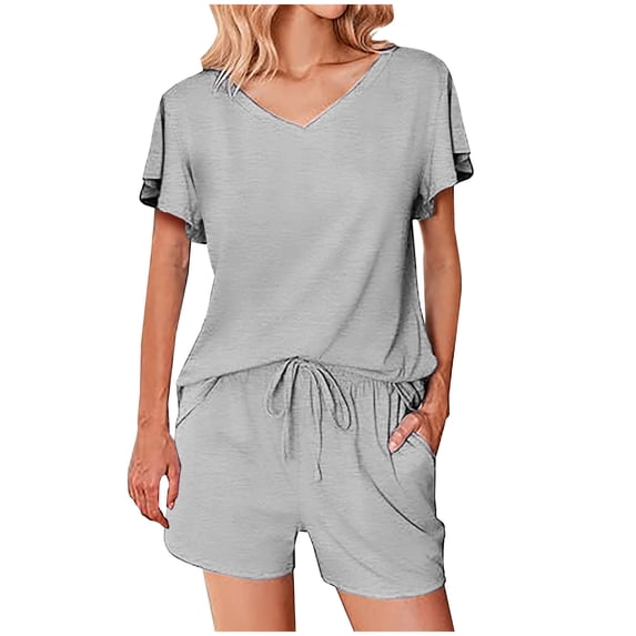 STETMN Summer Solid Outfit for Women Ruffle Short Sleeve Top with Drawstring Shorts Vacation Sets