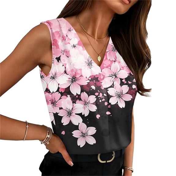 STETMN Summer V Neck Tank Top for Women Blossom Print Sleeveless Lightweight Casual Tee for Vacation