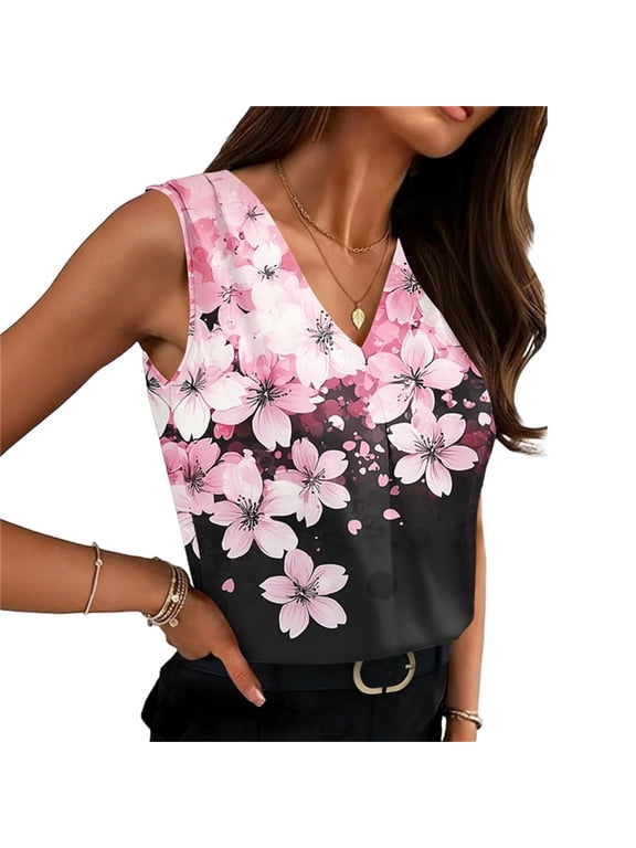 Summer V Neck Tank Top for Women Blossom Print Sleeveless Lightweight Casual Tee for Vacation