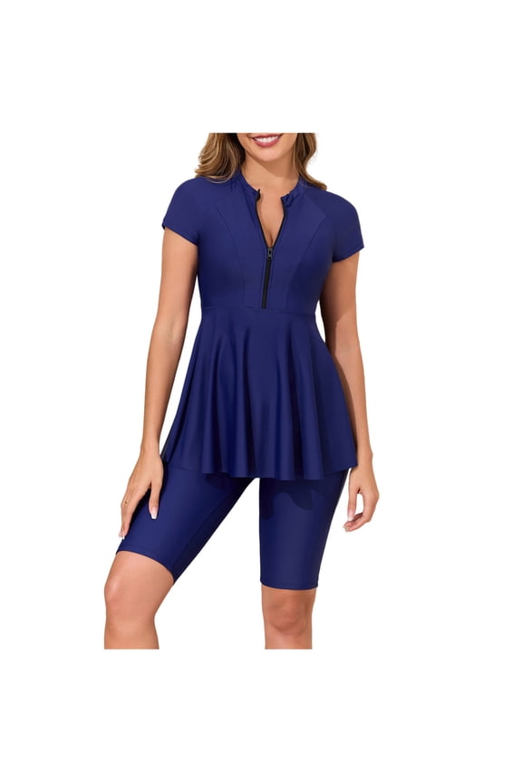 Swimsuits for Women Zip Up Rash Guard Ruffle Top Knee Length Shorts 2 Piece Bathing Suit