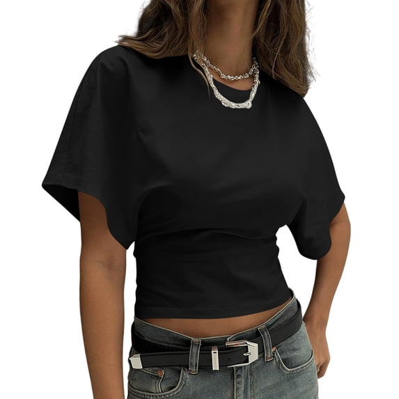 SPZTSX T Shirt for Women Crew Neck Crop Short Sleeve Ruched Waist Loose Batwing Casual Summer Tops