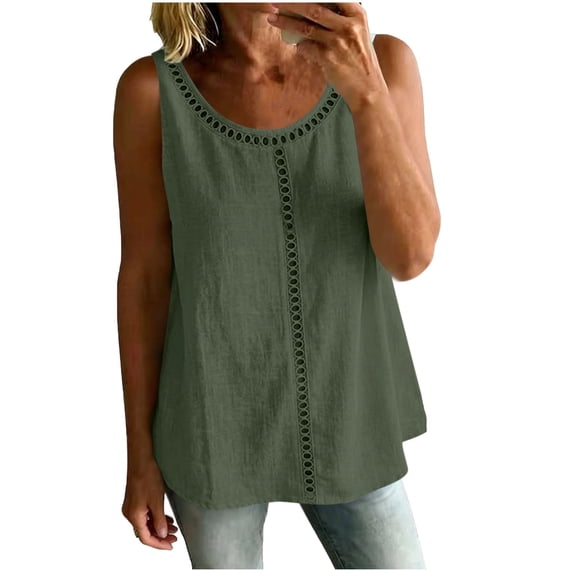 SPZTSX Tank Tops for Women Sleeveless Scoop Neck Eyelet Embroidered Cotton Linen Loose Fit Casual Daily Vacation Tops