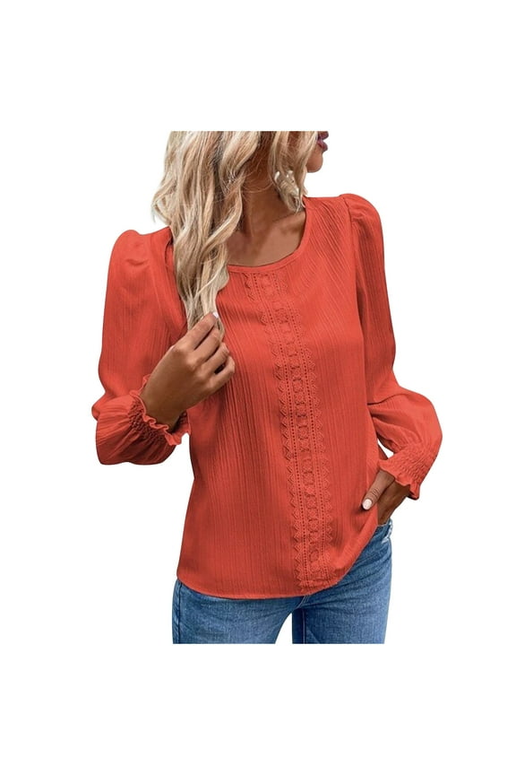 Textured Tops for Women Loose Puff Long Sleeve Blouse Round Neck Casual Office T-Shirt