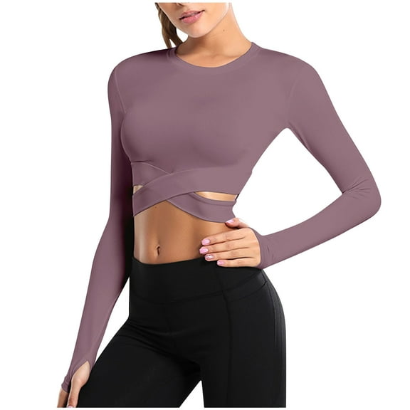 STETMN Tight Long Sleeve Tops for Women Tummy Cross Crop T-Shirts Running Workout Shirts
