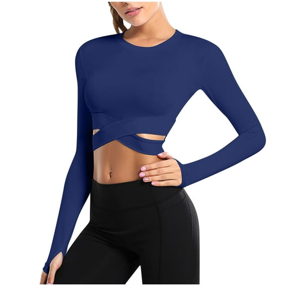 STETMN Tight Long Sleeve Tops for Women Tummy Cross Crop T-Shirts Running Workout Shirts