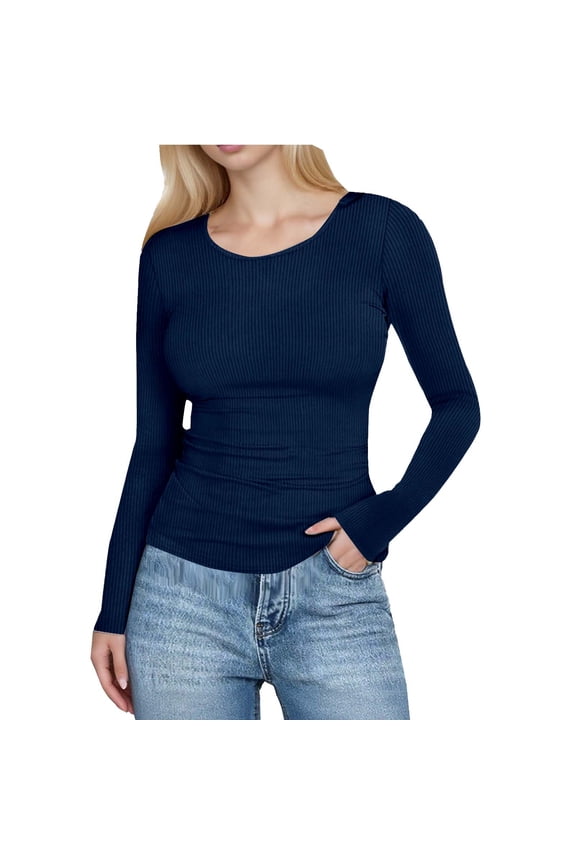 Tight Tops for Women Trendy Crew Neck Shirts Ribbed Knit Spring Crop Layer T-Shirt