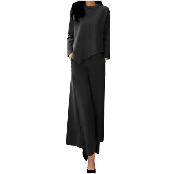 STETMN Two Piece Skirt Sets for Women Irregular Hem Long Sleeve Top Flowy Midi Skirt Elegant Business Outfit