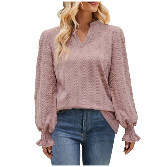 STETMN V Neck Textured Blouse for Women Loose Smocked Long Sleeve Shirt Fall Casual Lightweight T-Shirt