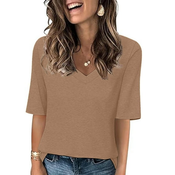 STETMN V Neck Top for Women Casual Solid Half Sleeve Blouse Fall Going Out Trendy Shirts