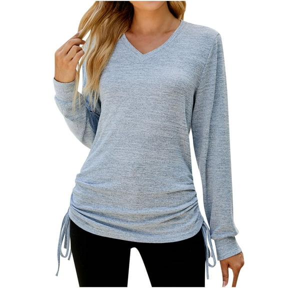 STETMN V Neck Tops for Women Loose Fit Long Sleeve Shirt Side Drawstring Lightweight Comfy T-shirt