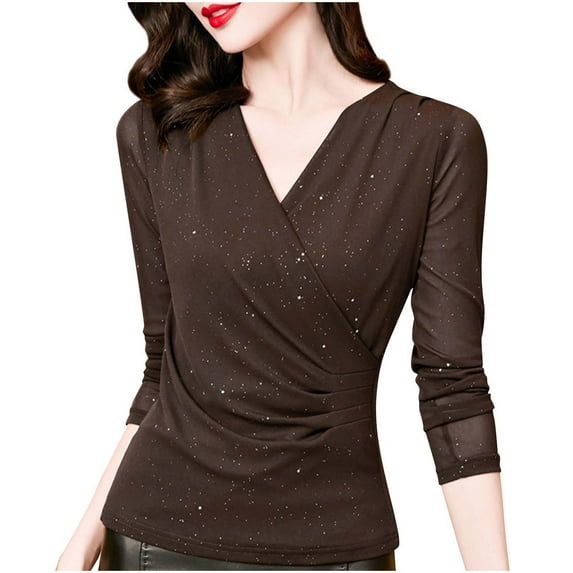 STETMN V Neck Wrap Tops for Women Casual Sheer Long Sleeve Shirts Elegant Trendy Slim Pleated Blouse