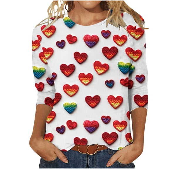 STETMN Valentine Tops for Women Heart Print Lightweight Top 3/4 Sleeve Casual Pullover Top S-XXXL