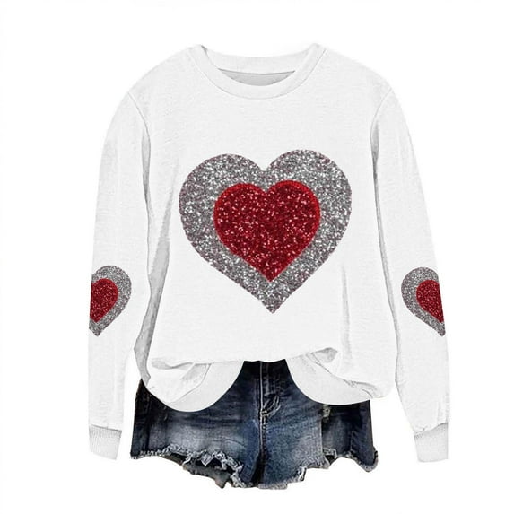 STETMN Valentine's Day Sweatshirt for Women Heart Print Loose Top Fleece Lined Warm T-shirt