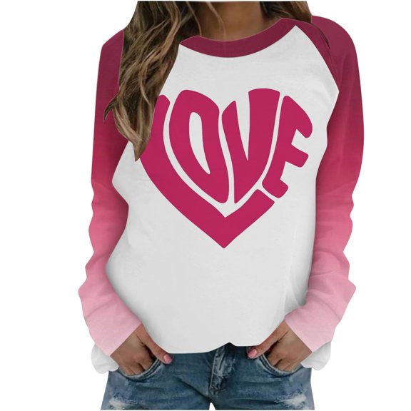 STETMN Valentine's Day T-Shirt for Women Love Letter Print Top Color Block Long Sleeve Tee
