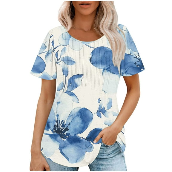 STETMN Vintage Blouse for Women Flower Print Crew Neck Short Sleeve Tops Fashion Clothes Summer Shirts