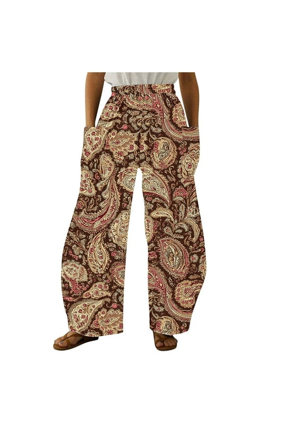 Wide Leg Pant for Women Retro Graphic Print Pants Elastic Waist Baggy Trouser with Pocket