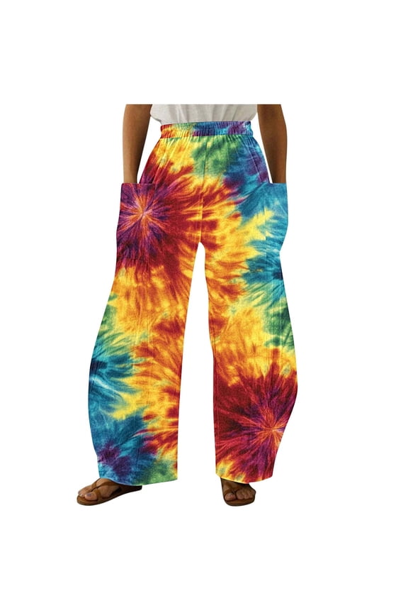 Wide Leg Pant for Women Retro Graphic Print Pants Elastic Waist Baggy Trouser with Pocket
