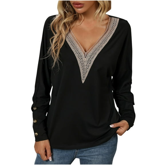 STETMN Women Tops Lace Trim V Neck Casual Button Long Sleeve Dressy T Shirt Loose Fit