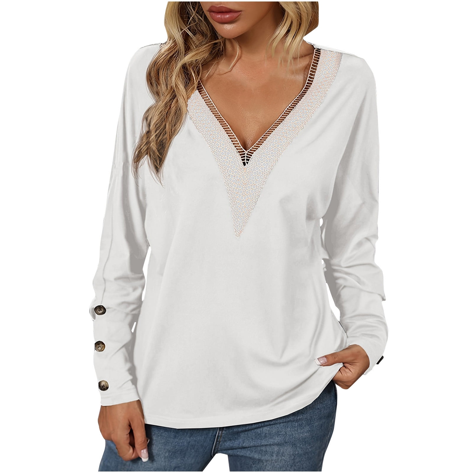 STETMN Women Tops Lace Trim V Neck Casual Button Long Sleeve Dressy T ...