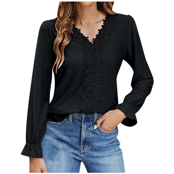 STETMN Women's Long Sleeve Blouse Elegant Scalloped Lace V Neck Top Dressy Casual Shirts