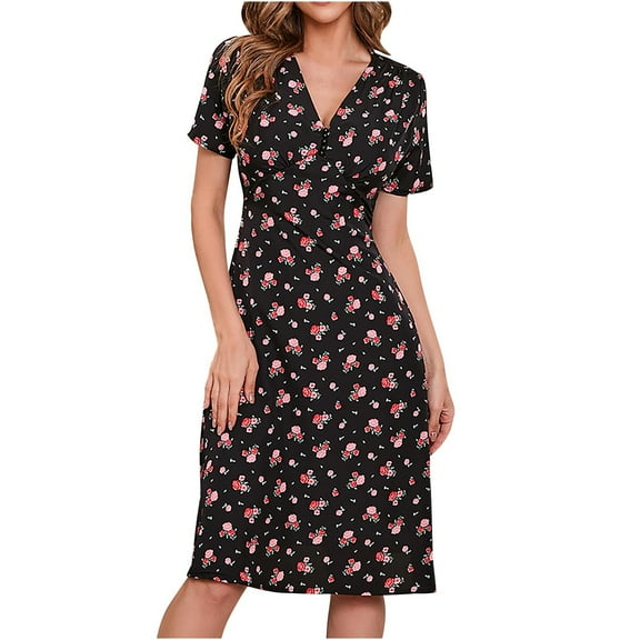 STETMN Women Casual Dresses V Neck Short Sleeve Smocked Ruffle Flowy Beach Boho Long Floral Dress