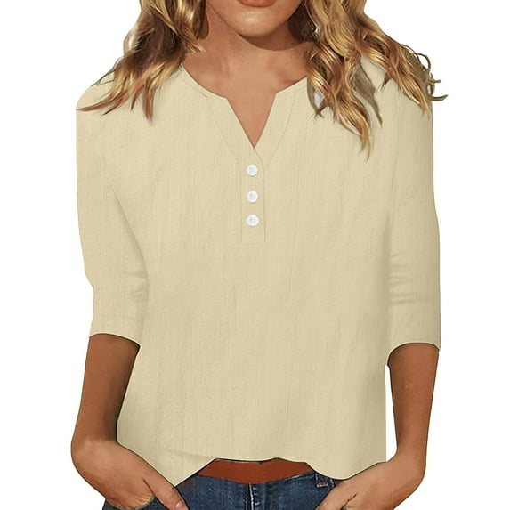 STETMN Women Cotton Pullover Shirts V Neck 3/4 Sleeve Button Down Tops Summer Trendy Blouses