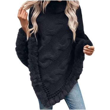 STETMN Women Fall Knit Poncho Warm Faux Fur Collar Loose Sweater Cable Knit Irregular Hem Top