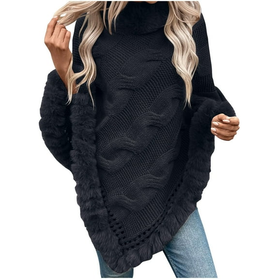 STETMN Women Fall Knit Poncho Warm Faux Fur Collar Loose Sweater Cable Knit Irregular Hem Top