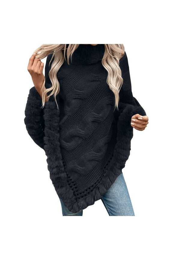 Women Fall Knit Poncho Warm Faux Fur Collar Loose Sweater Cable Knit Irregular Hem Top
