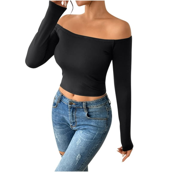 STETMN Women Off Shoulder Tops Casual Long Sleeve Fit Slim Shirts Fashion Going Out Basic Outfit