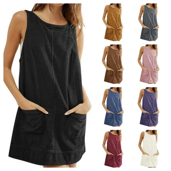 STETMN Women Round Neck Corduroy Overall Dresses Casual Sleeveless Pinafore Dress Mini Jumper Dress