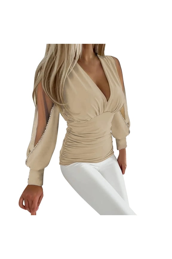 Women Sexy Sheer Lantern Sleeve Tops Deep V Neck Ruched Shirt Slim Date Night Club Clothes