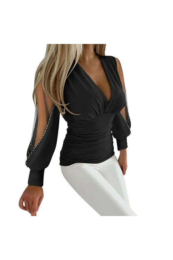 Women Sexy Sheer Lantern Sleeve Tops Deep V Neck Ruched Shirt Slim Date Night Club Clothes