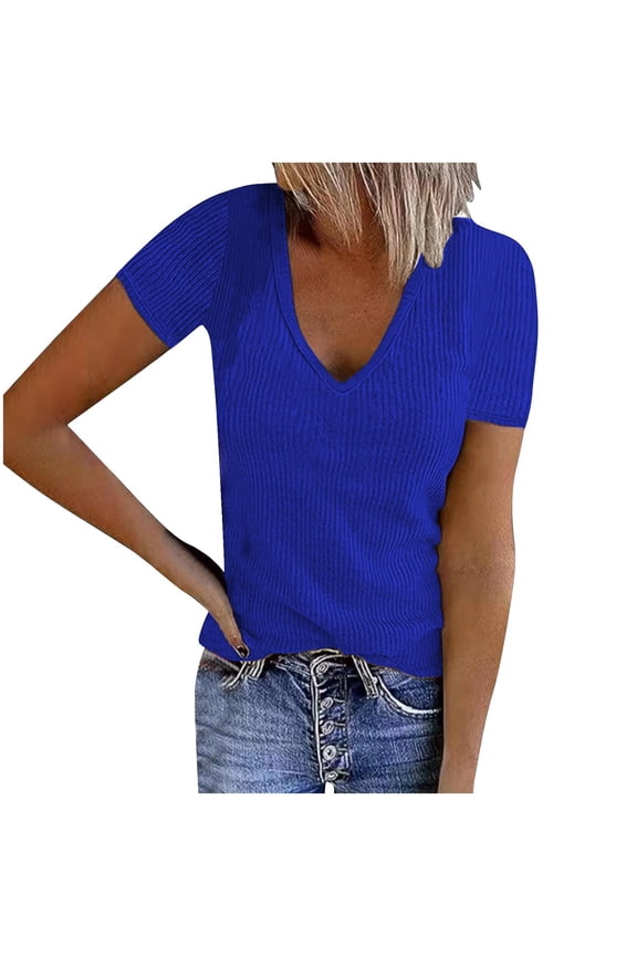 Women Short Sleeve Deep V Neck Tops Fitted Cotton Summer Loose Casual Vacation Tshirt Tee
