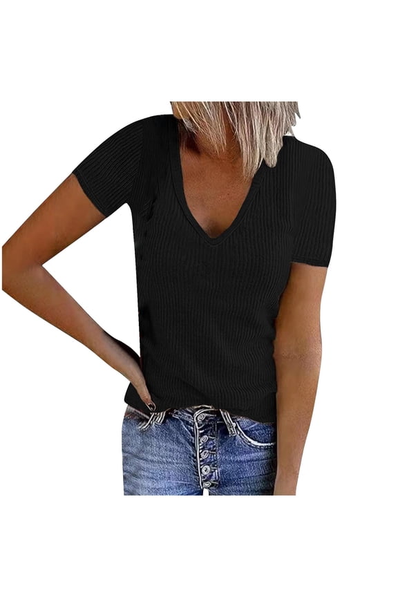 Women Short Sleeve Deep V Neck Tops Fitted Cotton Summer Loose Casual Vacation Tshirt Tee