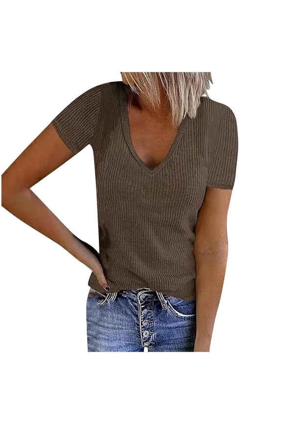 Women Short Sleeve Deep V Neck Tops Fitted Cotton Summer Loose Casual Vacation Tshirt Tee