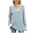 thumbnail image 1 of STETMN Women Sweaters Knit Long Sleeve Color Block Lapel V Neck Striped Tops Loose Blouses, 1 of 8