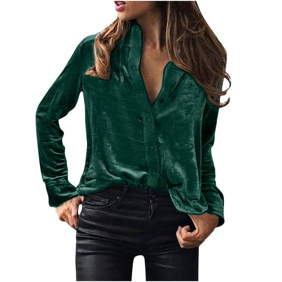 STETMN Women Velvet Tops Vintage Long Sleeve Button Down Shirts Blouse for Pocket