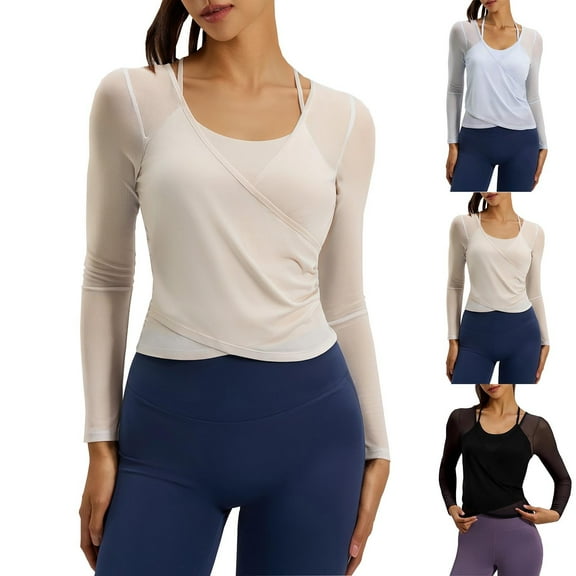 STETMN Women's 2 in 1 Yoga Top Support Sports Bra Slim Shirt Mesh Long Sleeve Workout T-Shirt