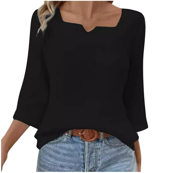 STETMN Women's 3/4 Length Sleeve Tops Casual Square Notched Neck Shirt Lightweight Trendy Blouse