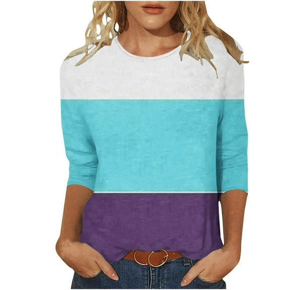 STETMN Women's 3/4 Sleeve Tops Loose Round Neck Color Block Shirt Casual Cozy Fall T-shirt