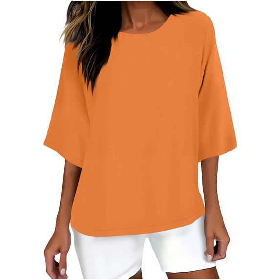 STETMN Women's 3/4 Sleeve Tops Summer Embroidered Cotton Linen Loose Shirts Casual Vintage Tee