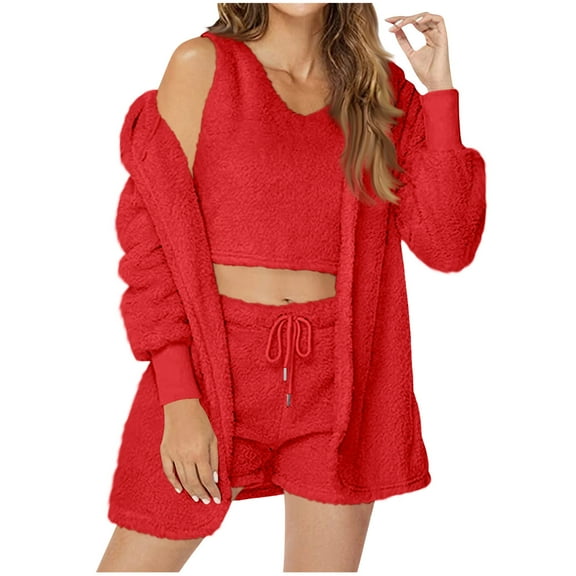 STETMN Women's 3 Piece Outfits Fluffy Fleece Crop Top Short Pant Hooded Cardigan Sexy Warm Sets