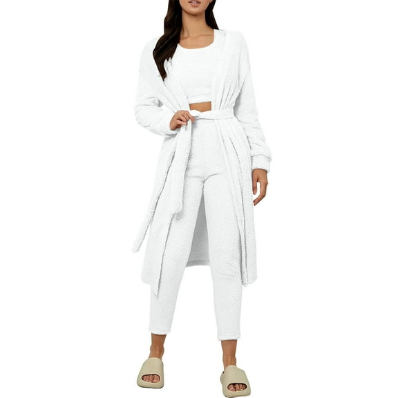 STETMN Women's 3 Piece Pajamas Outfits Fuzzy Fleece Long Cardigan Warm Winter Loungewear Sets